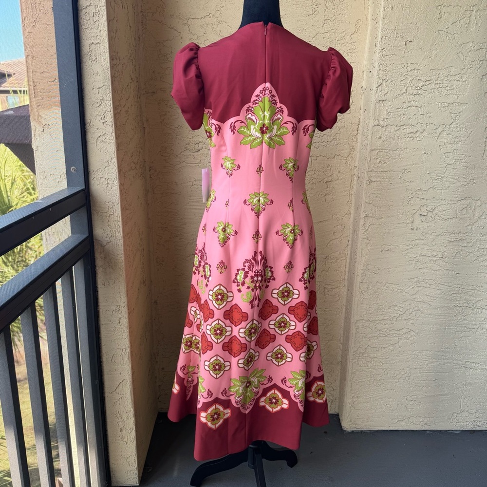Mestiza New York Perla Flamingo Flourish Midi Dress Sz 8 Crew Neck Puff Sleeve - Picture 4 of 15
